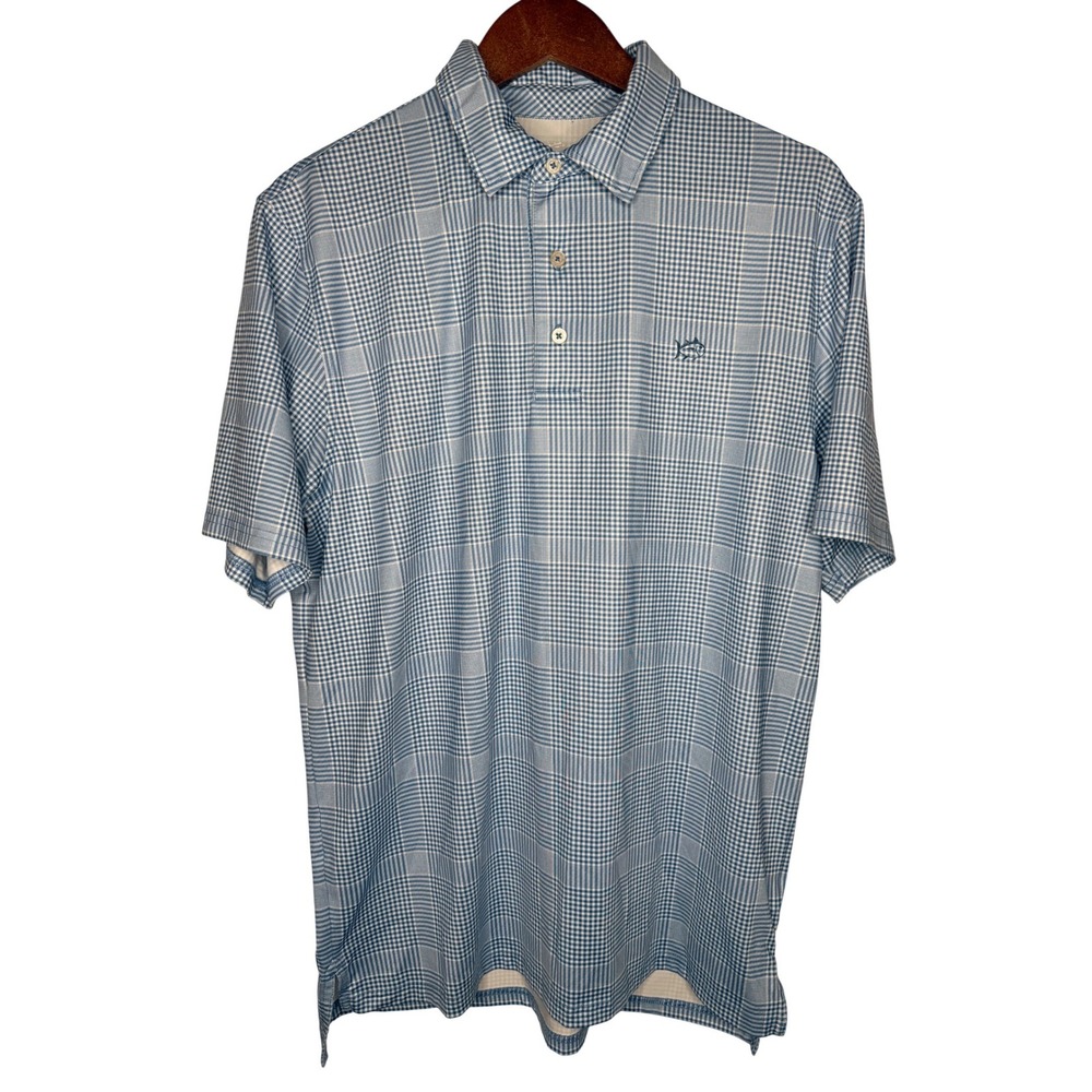 Southern Tide Mens Plaid‎ Performance Polo Shirt Short Sleeve Blue White Size M